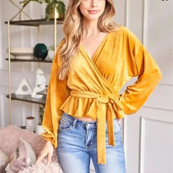 BOHO velour bishop sleeve belted MUSTARD TOP - Picture 5 of 7
